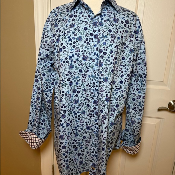 Thomas Dean Floral Blue Men's Shirt w reverse cuffs-Size XL - Picture 8 of 8